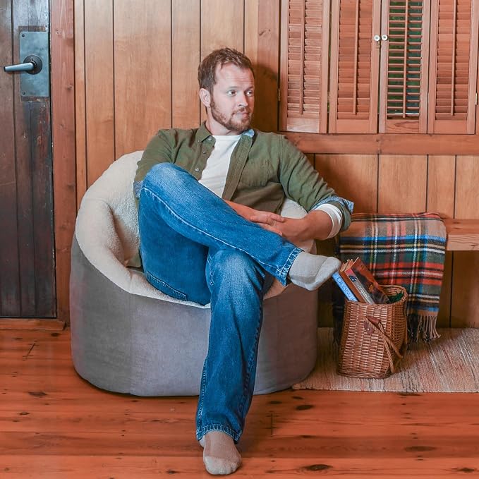 Big Joe Milano Bean Bag Chair, Oat Sherpa and Graphite Vegan Suede, Soft - Image 4