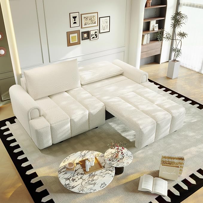 KEIKI 90.2" 4-Seater Modern Convertible Sofa Bed – Teddy Fabric Couch - Image 4