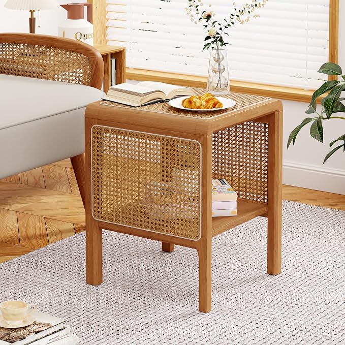 Aklaus Rattan Side Table Small End Table mid Century Living Room Wood Vintage by AKLAUSHomeFurniture