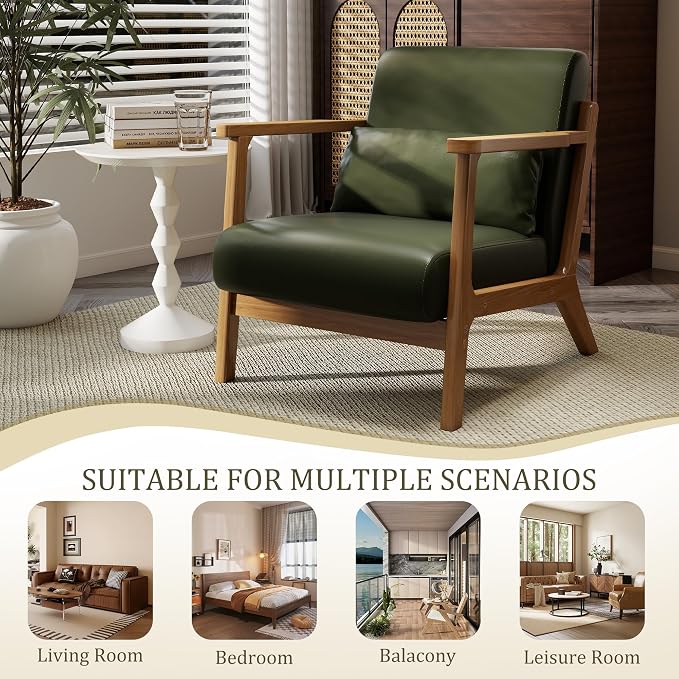 Accent Chair and Ottoman Set, Mid-Century Modern Faux Leather Upholstered - Image 7