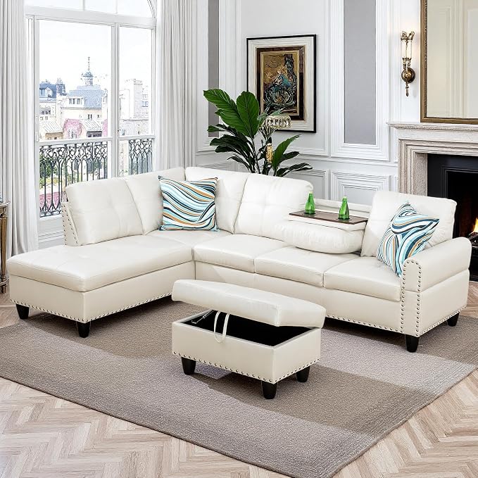 97.5" White L Shaped Couch Set Leather, Modular Sectional Couches - Image 8