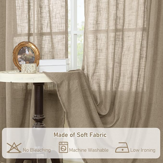 LAMIT Taupe Linen Curtains 54 Inch Length 2 Panels, Light Filtering Panels Back - Image 8