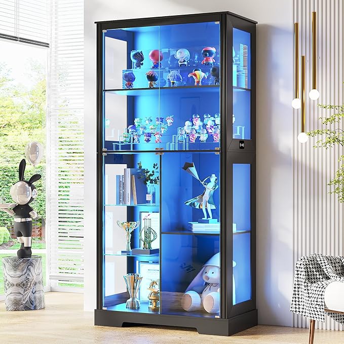 71” Display Cabinet with Glass Doors, Modern Curio Cabinet with 3 Color Lights by LVifurSmartFurniture