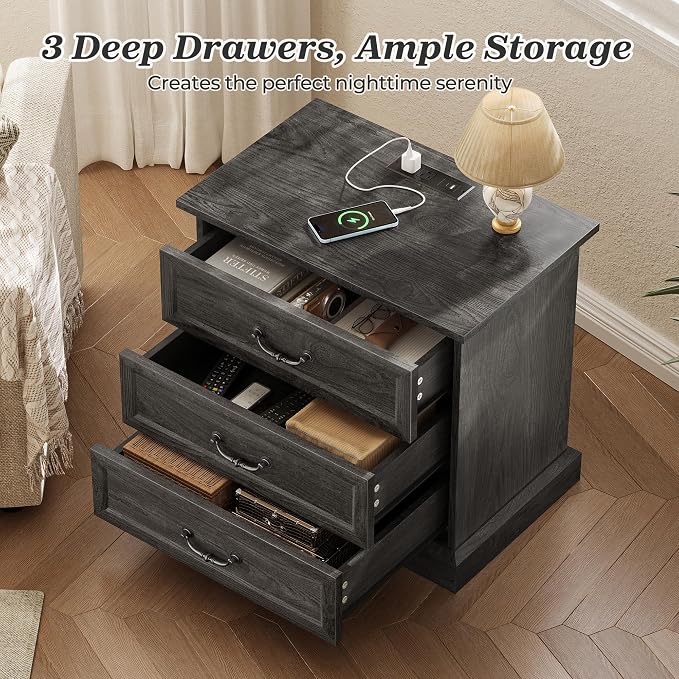 Huuger Nightstand with Charging Station, 3 Drawer Night Stand Set of 2 - Image 5
