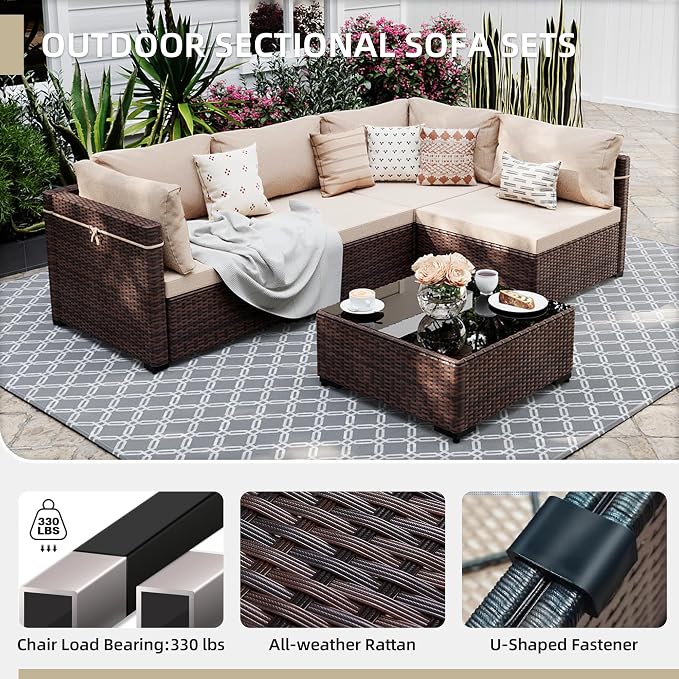 UPHA 5 Pieces Patio Furniture Sets, Wicker Outdoor Sectional Sofa Couch - Image 3