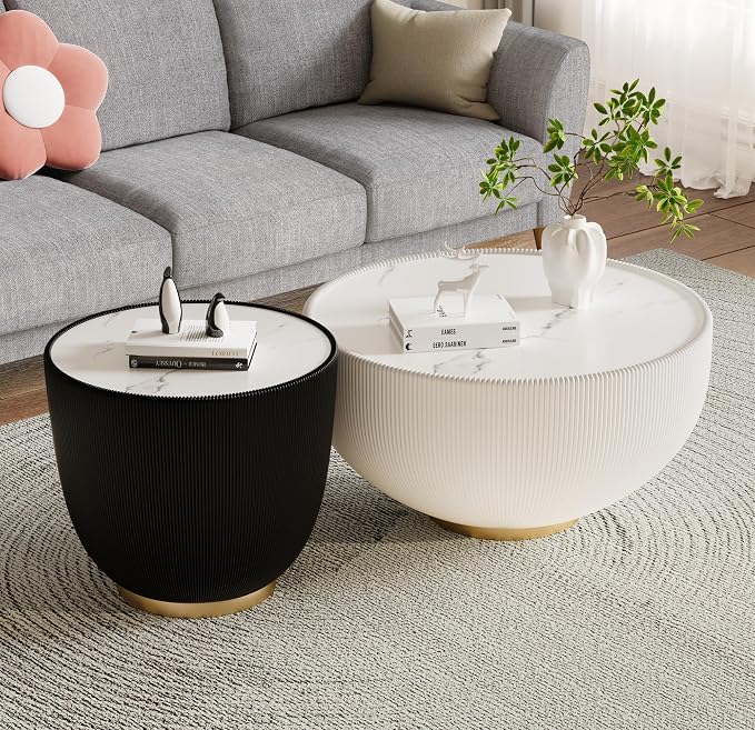 SSLine Bowl-Shape Coffee Table Set of 2 Modern Sintered Stone Top Nesting by SSLine