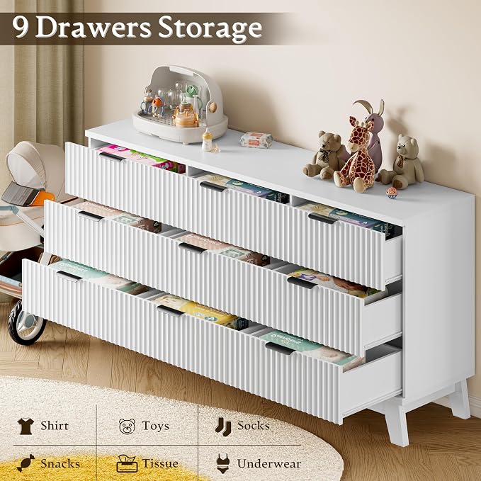 BORNOON 63" Long Dresser for Bedroom, 9-Drawer Fluted Dresser, Extra-Wide Wood - Image 6