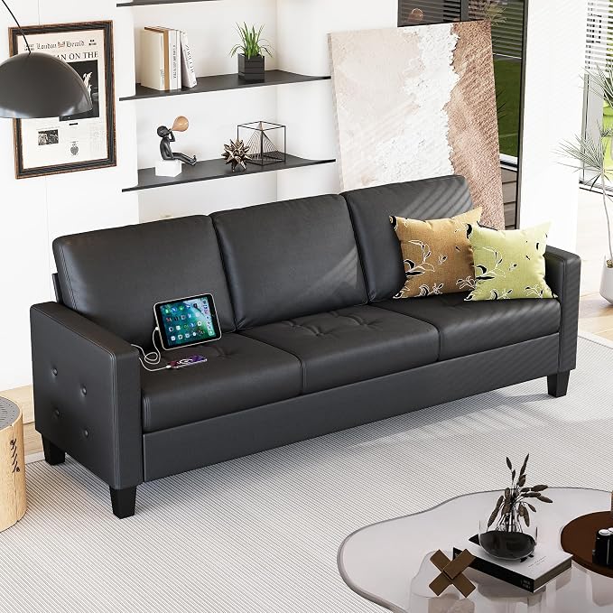 STHOUYN 73” Black Faux Leather Sofa Couch, Modern Comfy Office 3 Seater Couch by STHOUYN