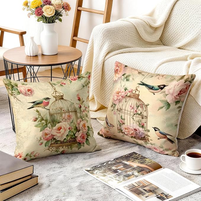 OBSEDE Vintage Throw Pillow Covers Set of 2, 18x18 Inch Pink Rose and Bird Print - Image 6