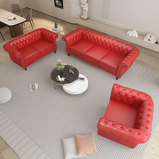 ORRD 3 Pieces Living Room Set, Chesterfield Sofa Faux Leather Loveseat Couch - Image 9