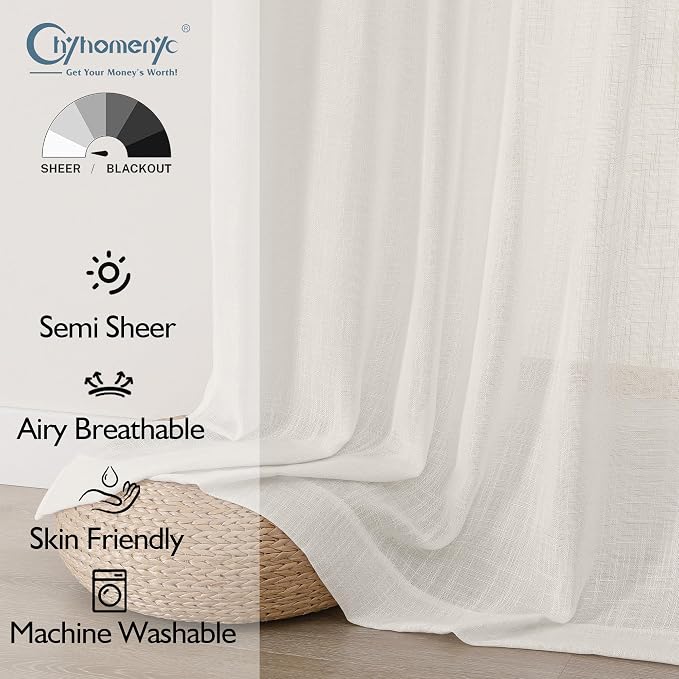 Chyhomenyc Ivory Semi Sheer Curtains 36 Inch Length, Light Filtering Faux Linen - Image 2