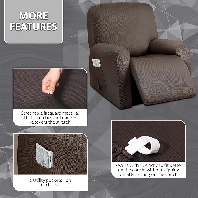 ULTICOR 4-Piece, 1 Seat Recliner Cover, Yarn Dyed Reclining Chair Covers - Image 3