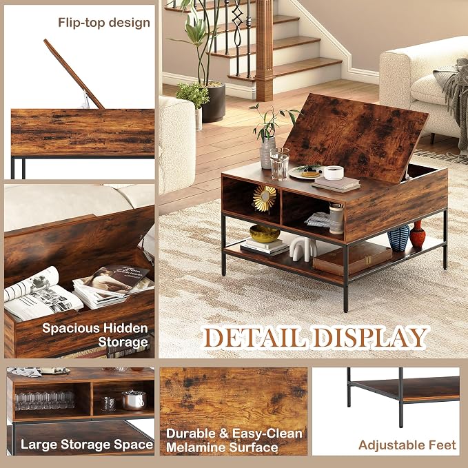 Farmhouse Coffee Table with Hidden Storage 32 in, Square Wood Living Room - Image 3