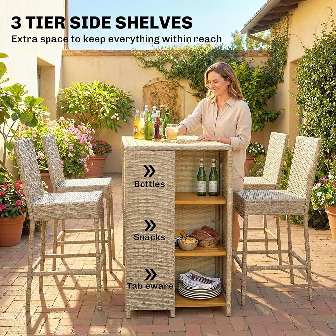 Outsunny 5 Piece Outdoor Bar Set, Wicker Outdoor High Top Table and Chairs - Image 3