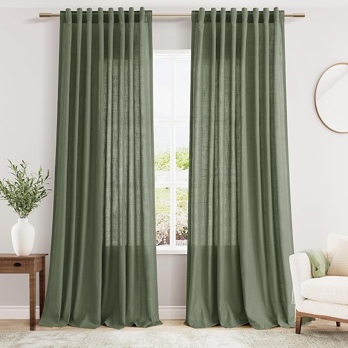 Nanspring Olive Green Linen Sheer Curtains 96 Inches Long 2 Panel Set Back Tab by Nanspring