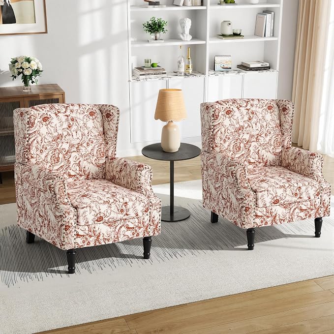 Pia Ricco Set of 2 Floral Accent Chairs, High Back Upholstered Armchairs - Image 6