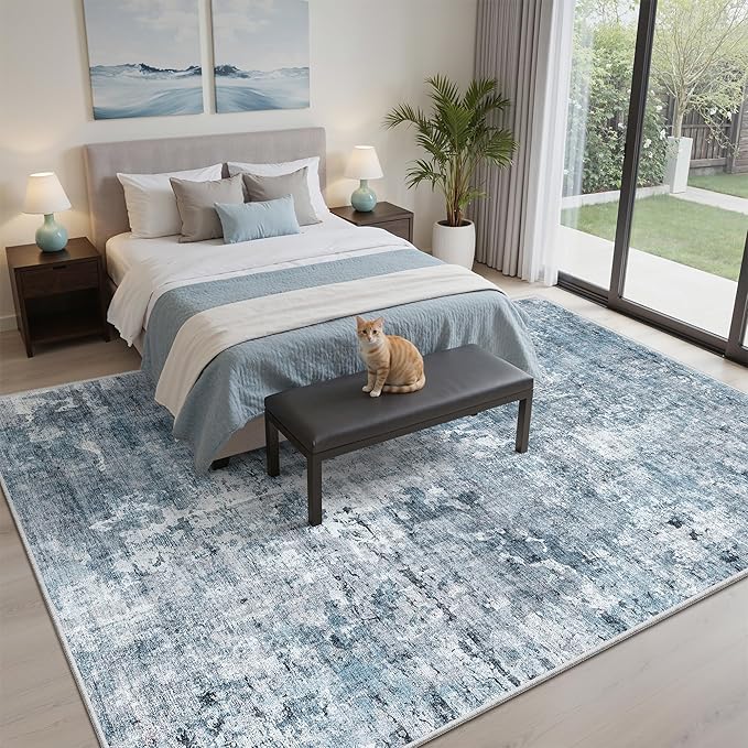 5x8 Area Rugs Blue/Grey Low Pile Indoor Washable Trendy Faded Style Rugs - Image 3