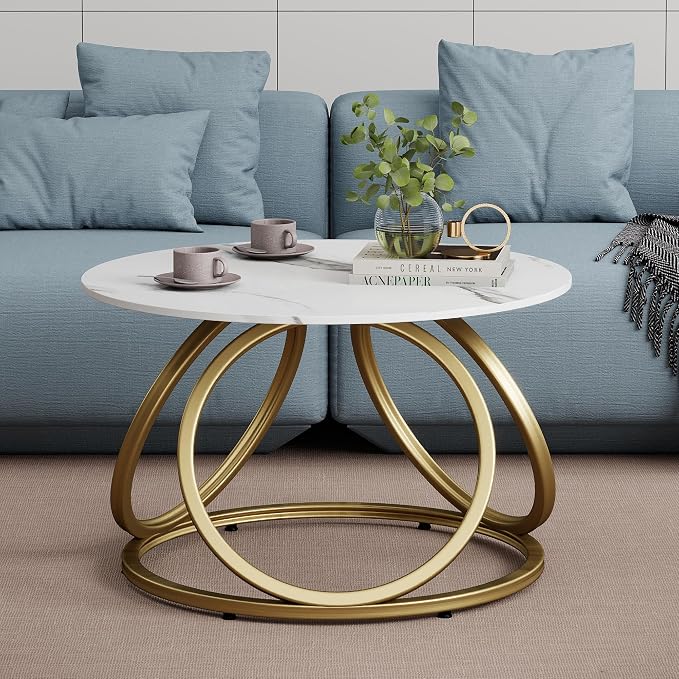 O&K FURNITURE Gold Round Coffee Table, Faux Marble Top - Image 7