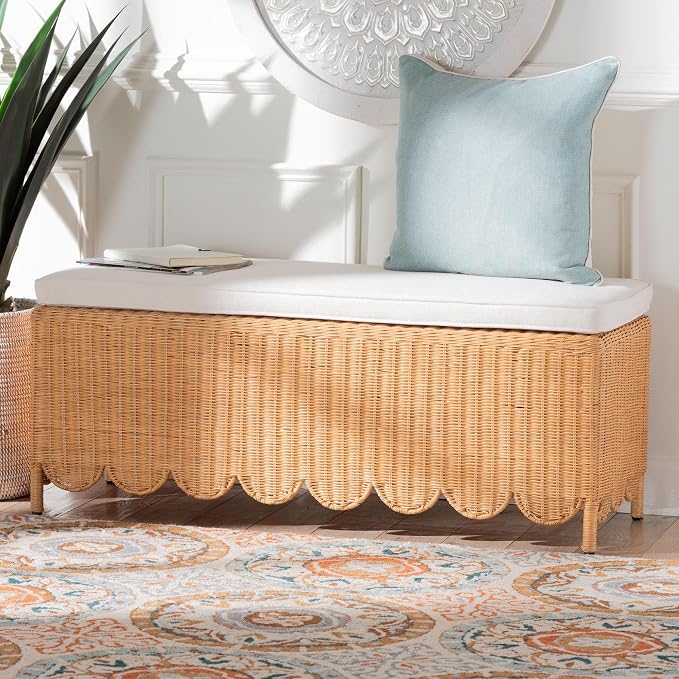 Bali & pari Teresa Bohemian Light Honey Scalloped Rattan Ottoman Bench - Image 2