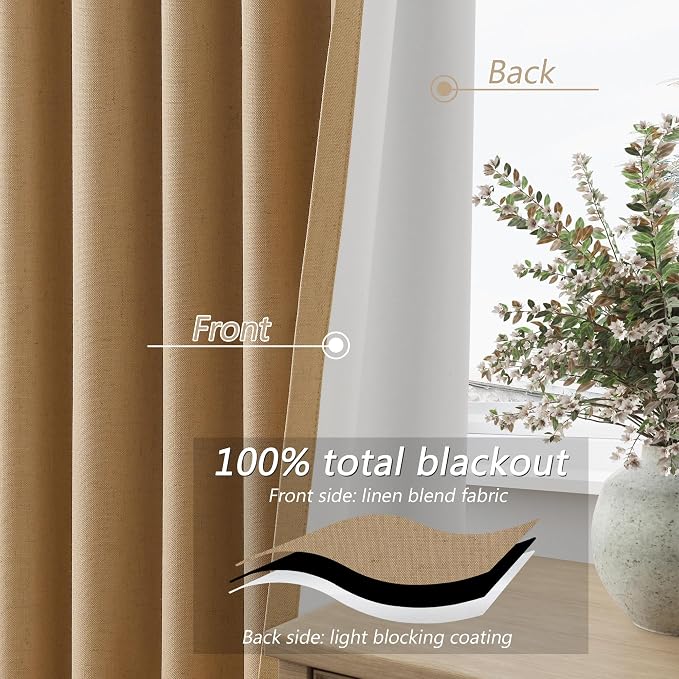 Guken Camel Brown 100% Blackout Linen Curtains 102 Inch Length 2 Panels Set - Image 4
