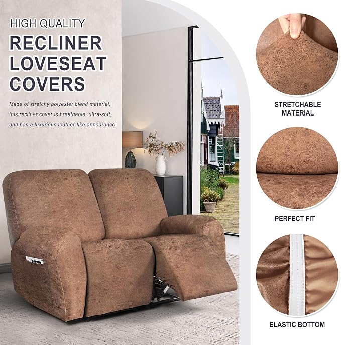 ANARACHON Leather Look Loveseat Recliner Cover, 6-Pieces Stretch Dual Recliner - Image 5