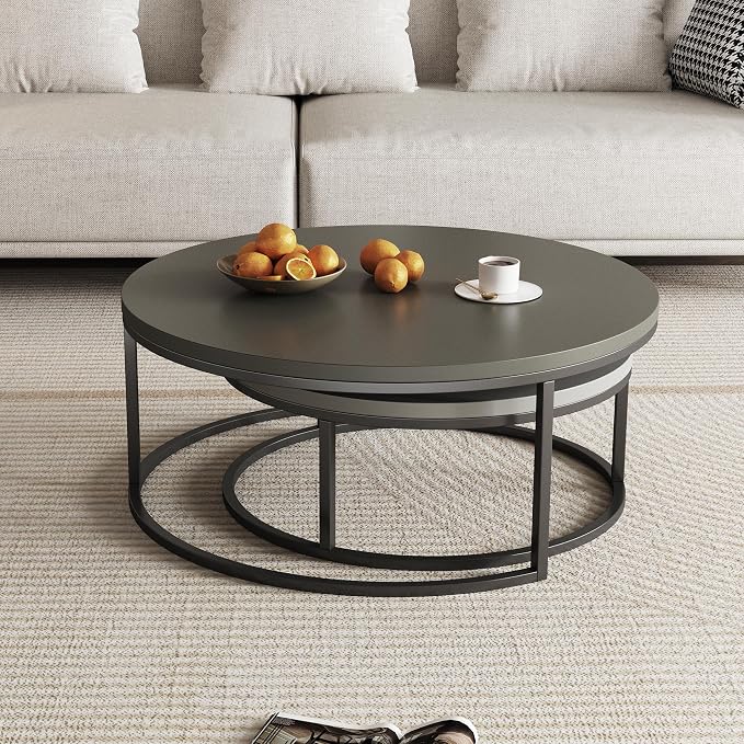 2-Piece Round Nesting Coffee Tables – Walnut Wood Top - Image 9