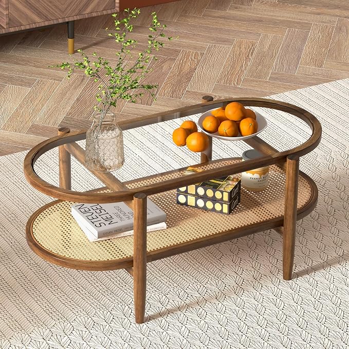 Giantex Rattan Coffee Table, 2-Tier Oval Acacia Wood Tea Table w/Tempered Glass by Giantex