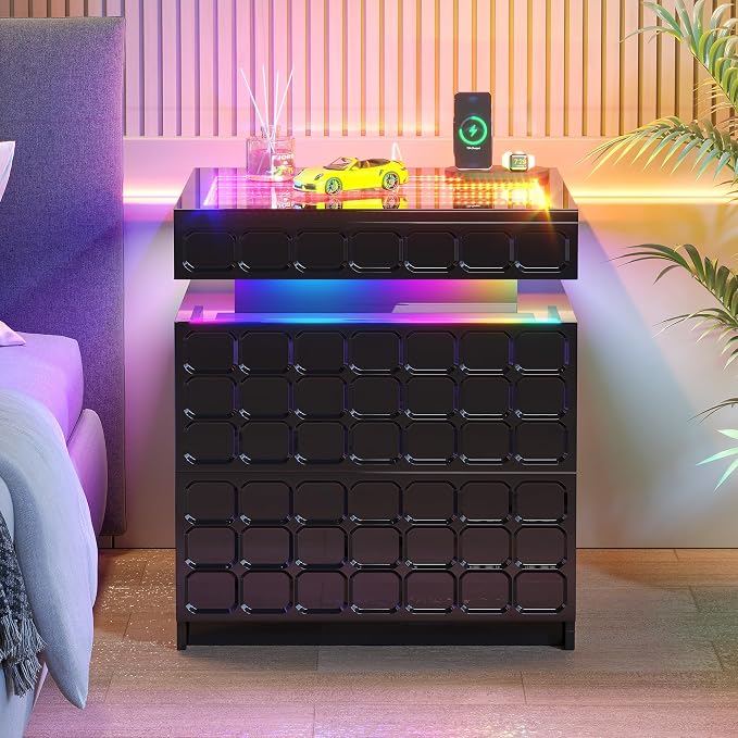 Night Stand with Charging Station and Smart RGB Lights, LED Nightstand with - Image 9