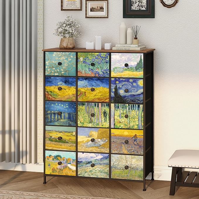 EXOTICA Large Chest of Drawers 15 Drawer Dresser Van Gogh Tall Fabric Dresser - Image 4