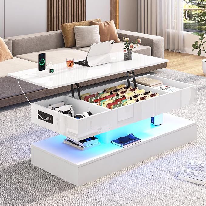 47.2" Large Lift Top Coffee Table, Modern High Glossy LED Coffee Tables - Image 5
