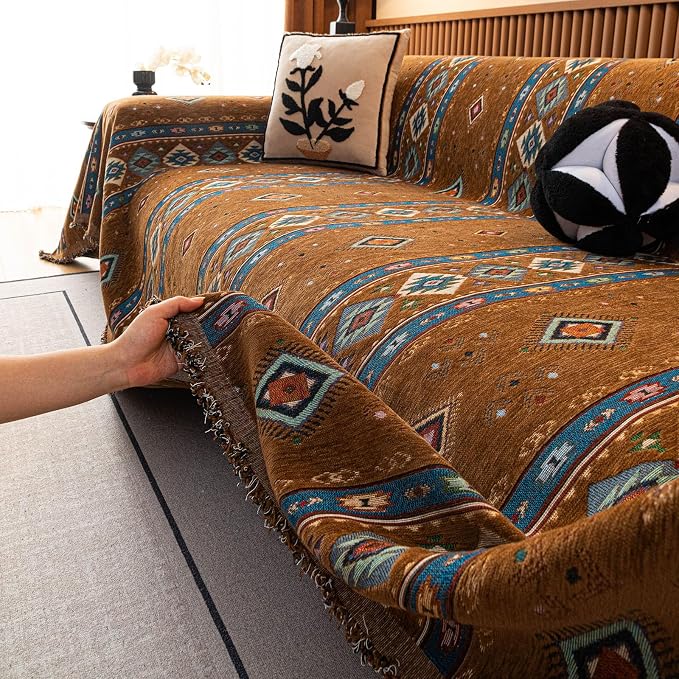 VClife Bohemian Couch Cover, Vintage Moroccan Tribal Geometric Chenille Couch - Image 5