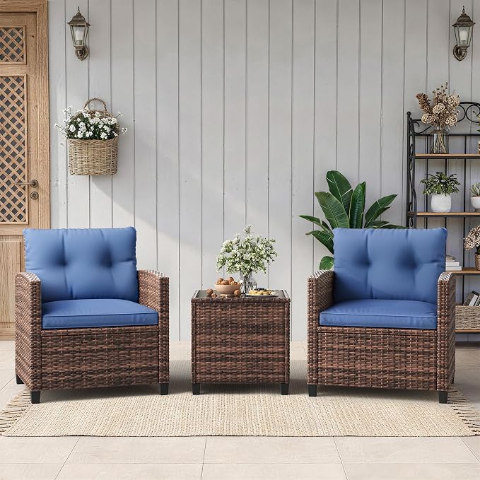 3-Piece Patio Furniture Set, Outdoor PE Rattan Chair by GAOMON