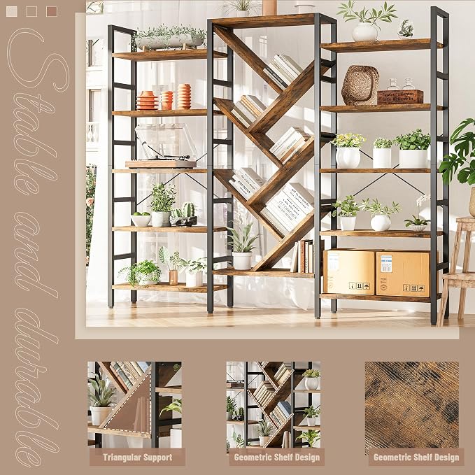 INNOD 70x70 Triple 5 Tier Book Shelf, Large Wooden Bookcase - Image 5