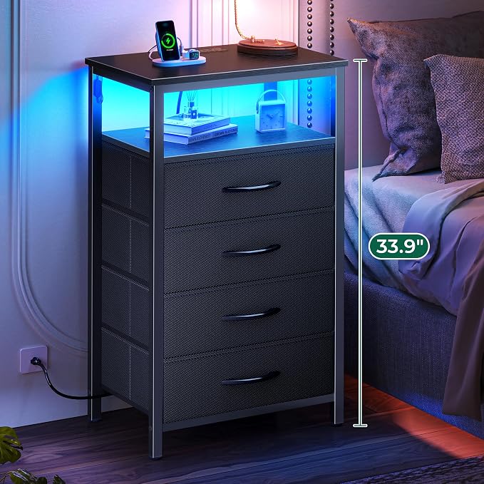 Huuger Night Stand with Charger Station and LED Lights, 4 Drawer Nightstand - Image 4