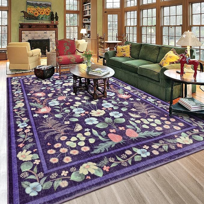 Area Rugs for Living Room, Washable 5x7 Purple Blue Vintage Rug for Bedroom by Rtizon