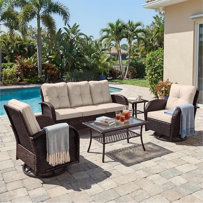 UPHA 5 Pieces Patio Furniture Sets, Wicker Outdoor 3-Seat Sofa Set by UPHA