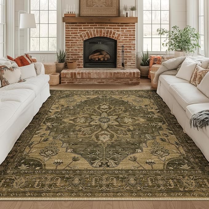 RELEANY Area Rugs Square 8ft Washable Non-Slip, Floral Vintage Distress Print by RELEANY