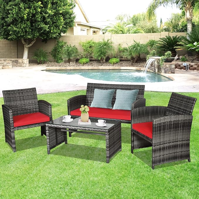 Goplus 4-Piece Rattan Patio Furniture Set, Outdoor Wicker Conversation Sofa - Image 9