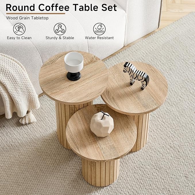 Round Nesting Coffee Table Set of 3 Mid Century Modern Wood Round Coffee Tables - Image 3