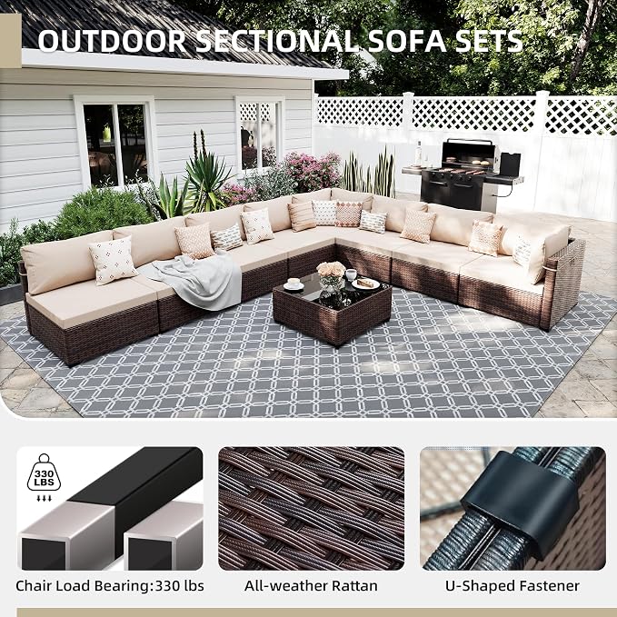 UPHA 9 Pieces Patio Furniture Sets, Wicker Outdoor Sectional Sofa Couch - Image 3