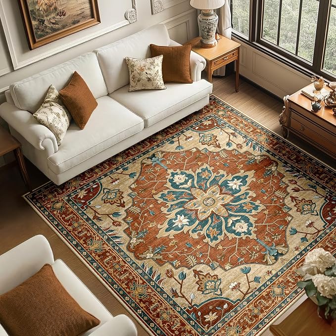 RELEANY Area Rugs Square 6ft Washable Non-Slip, Floral Vintage Distress Print by RELEANY