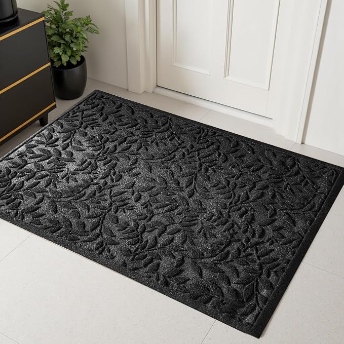 Black Leaves Outdoor Indoor Entrance Door mat, Absorbent Durable Heavy Duty by VivaNest
