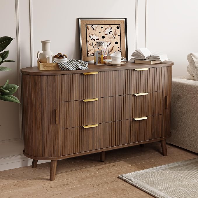 Decofy Fluted 6 Drawers Dresser, Curved Profile & Sturdy Legs, Wood TV Stand - Image 7