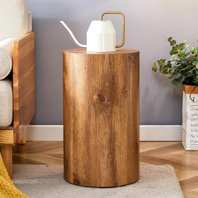 12'' Boho Cylinder Side Table for Living Room, Natural Wood Accent Tables - Image 5