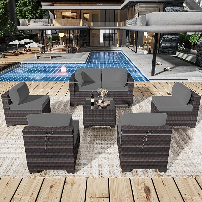 Outdoor Patio Furniture Set, 7 Pieces Outdoor Sectional Furniture Patio Sofa by ASJMR