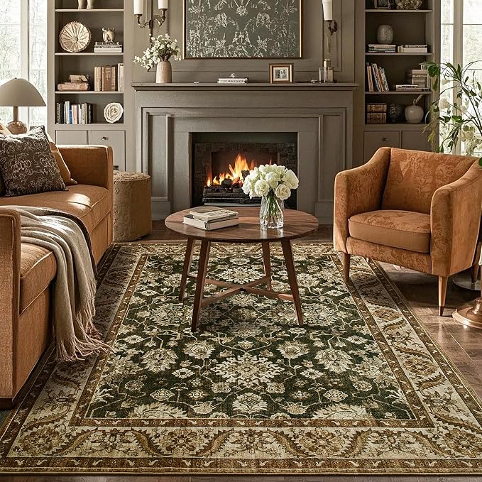 Area Rug for Living Room, 8x10 Area Rugs Washable, Retro Floral Non-Slip Carpet by Rtizon