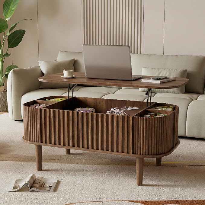 Lift Top Coffee Table with Storage, Faux Marble Top, Wood Fluted Center Table by Astimey