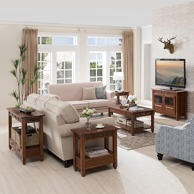 Leick Home Sibley End Table, Solid Wood, 1 Storage Drawer, Slate Tile Details - Image 6