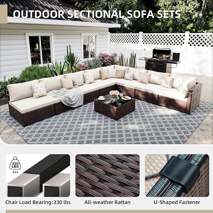 UPHA 9 Pieces Patio Furniture Sets, Wicker Outdoor Sectional Sofa Couch - Image 3