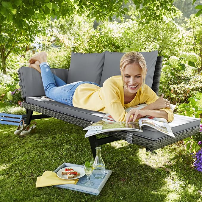 Flamaker Outdoor Convertible Sofa, Woven Rattan Patio Furniture Sunbed - Image 8